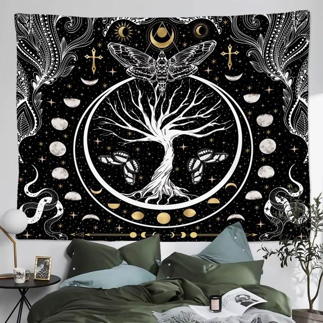 Tree Of Life Tapestry Wall Hanging Moon Phase Snake Tapestries Trippy Bohemia Hippie Mushroom Moth Floral For Living Room Bedroo