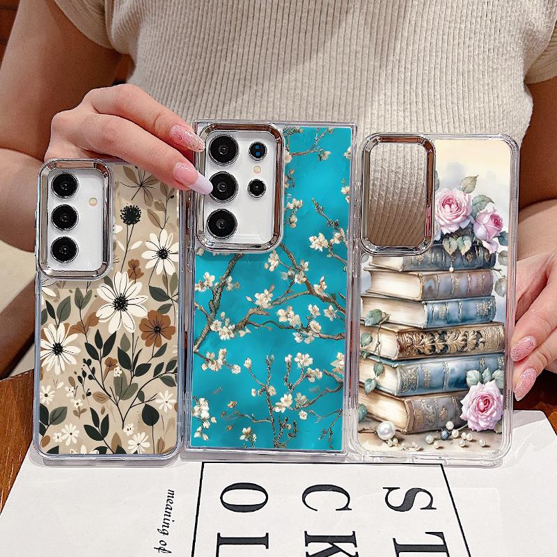 Vintage Flower Print Case For Samsung S26 S25 Ultra S24 Plus S23 S22 S21 FE A54 A55 A16 A36 A56 A17 A37 A57 5G Plating Lens Clear Soft Cover