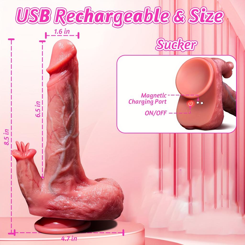 5-in-1 Telescopic Rotating Dildo Vibrator – Tongue Licking Clitoral Stimulator,Thrusting & Heating G-Spot Anal Toy,Hands-Free Base for Women & Couples