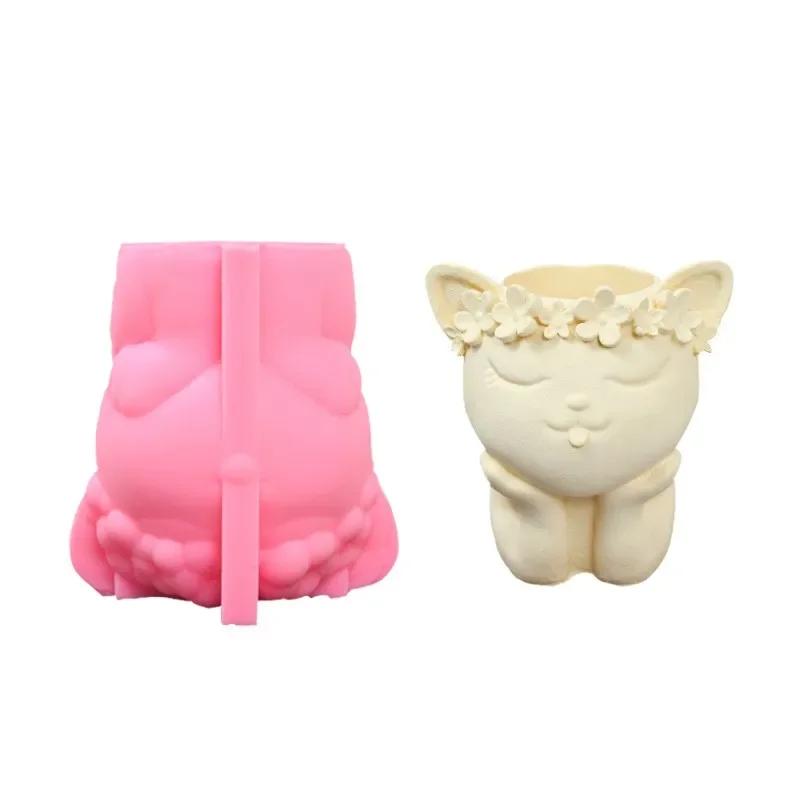 Silicone Mold Cartoon Wreath Cat Flower Pot Succulent Pen Holder DIY Making Resin Concrete Vase Cactus Silicone Mold Home Decor