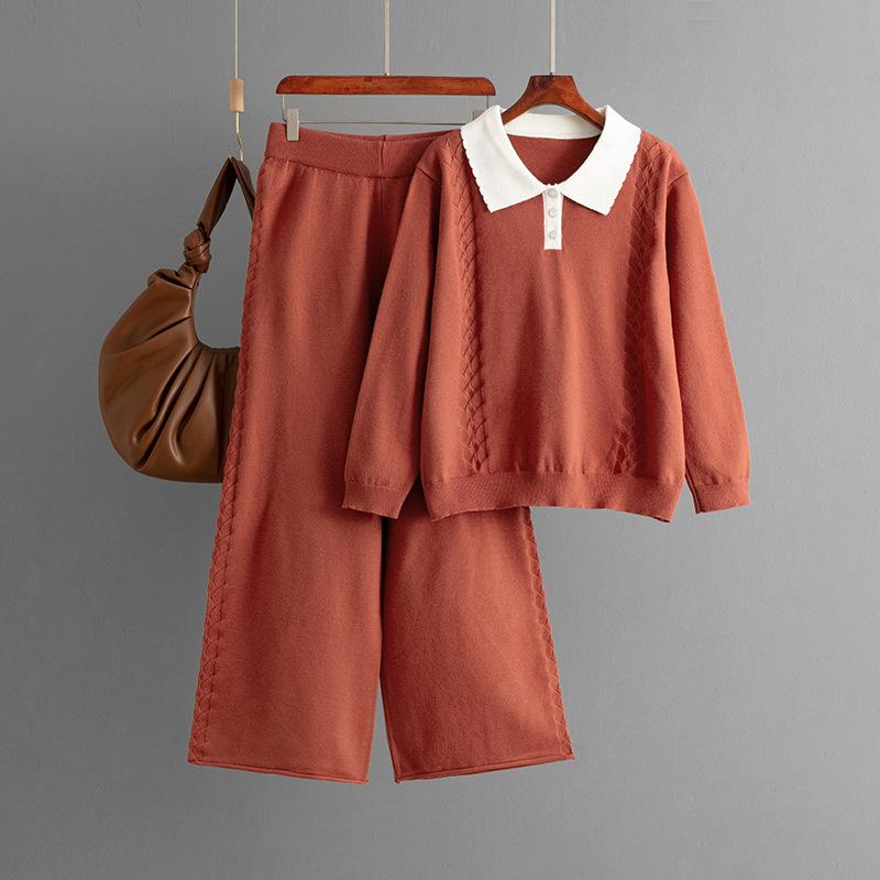 

Европейский и американский модный костюм осень-зима новый стиль воротник поло сочетание цветов свободный свитер повседневные брюки брюки клеш костюм-двойка one size fits all красный