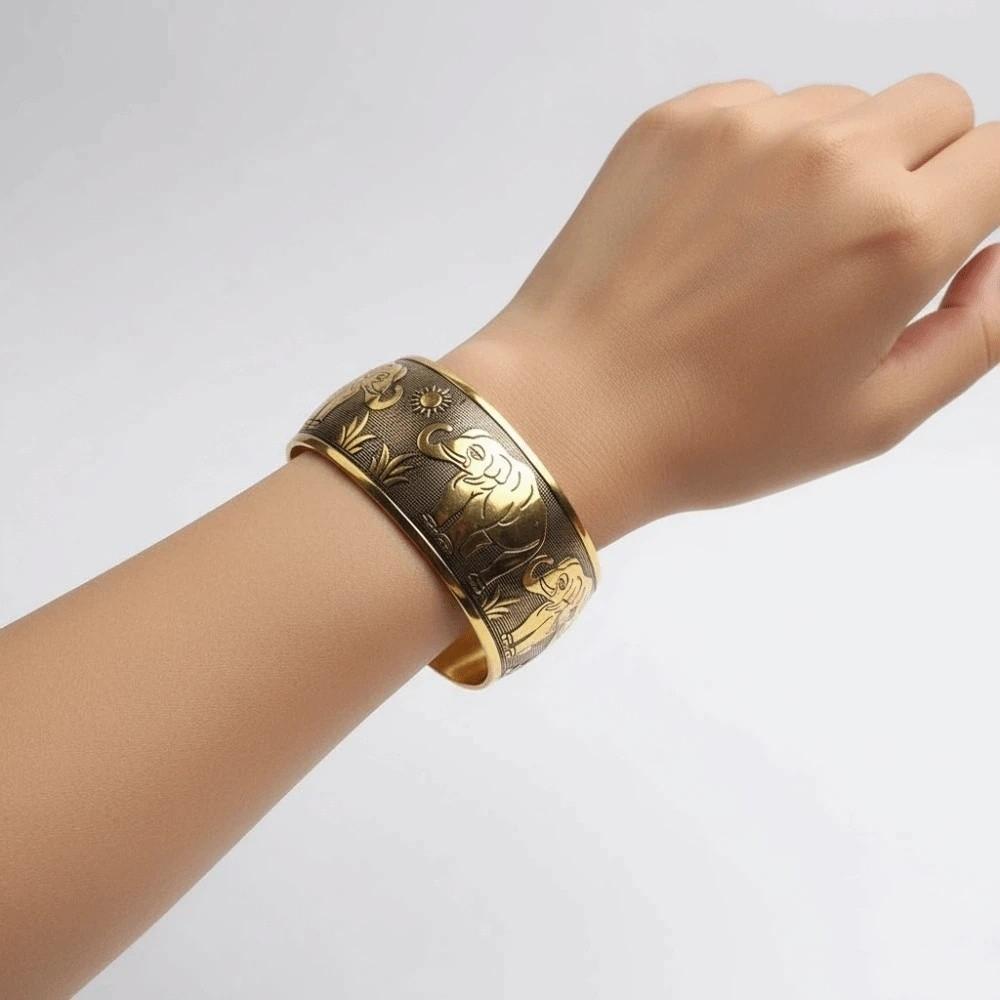 Elephant Carved Wide Bracelet Vintage Thai Wrist Jewelry Silver Opening Bangle Versatile