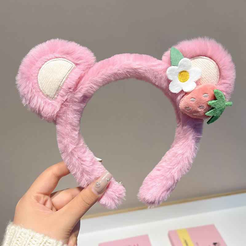 Pitaya-Colored Strawberry Bear Headband: Women's Plush Autumn/Winter Hairband, Face Washing Band, Hair Ties, Clips & Accessories.