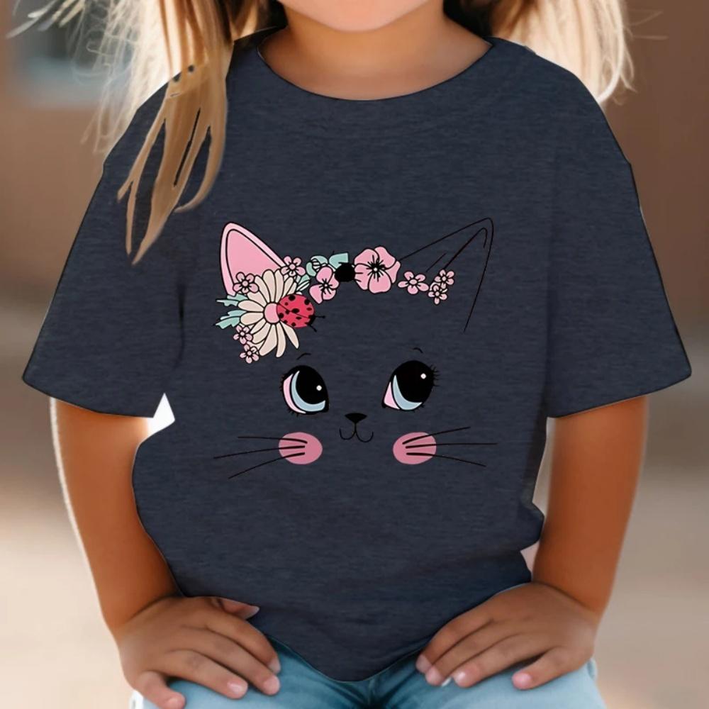 Girl Clothes Cute Floral Cat Pattern Summer Short Sleeve Tops Animal Cartoon Print Tees Fashion O-Neck Loose Children's Clothing