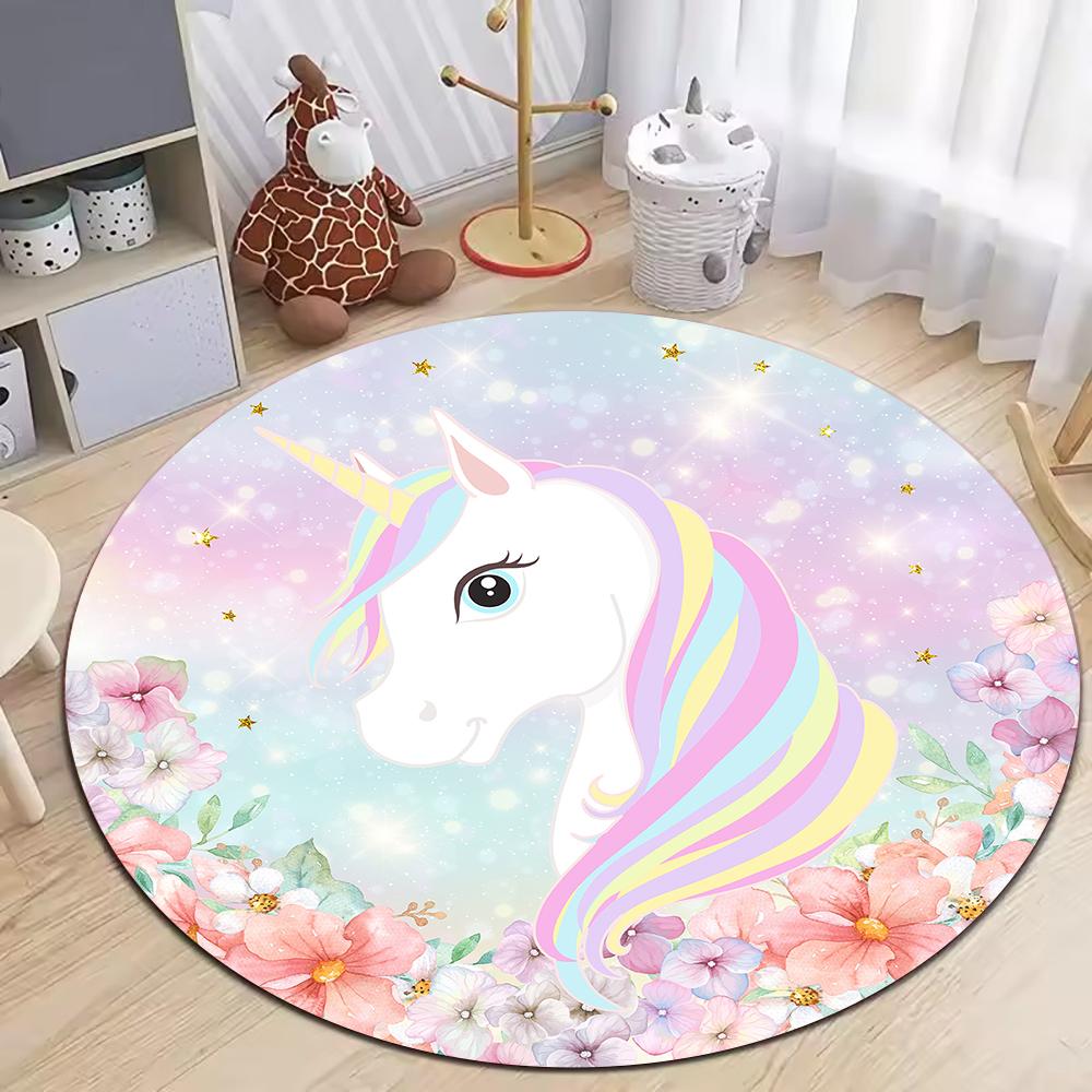 Rosa Einhorn Runder Teppich Wohnzimmer Sofadekor Teppich Kinderzimmer Kinderspielmatte Kinderzimmer Nachttisch Bodenmatte Flur Rutschfester Teppich