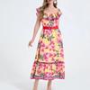 2026 Summer Bohemian Gorgeous Flower Long Dress Women's Ruffes Slash Neck Floral Print Belt A-Line Holiday Famale Beach Clothes