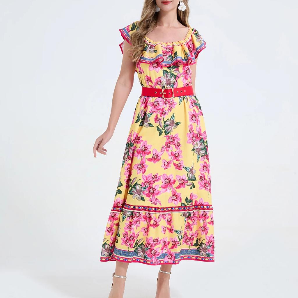 2026 Summer Bohemian Gorgeous Flower Long Dress Women's Ruffes Slash Neck Floral Print Belt A-Line Holiday Famale Beach Clothes