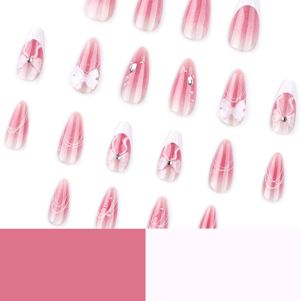 Cat's eye gradual change blush wear nail art French bow almond type wear fake nail piece