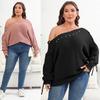 Women's Top, Plus Size Women's Clothing, Lace Up Design, Batwing Sleeve Sweater, Sexy Off Shoulder, One Neck, Nail Bead Sweater