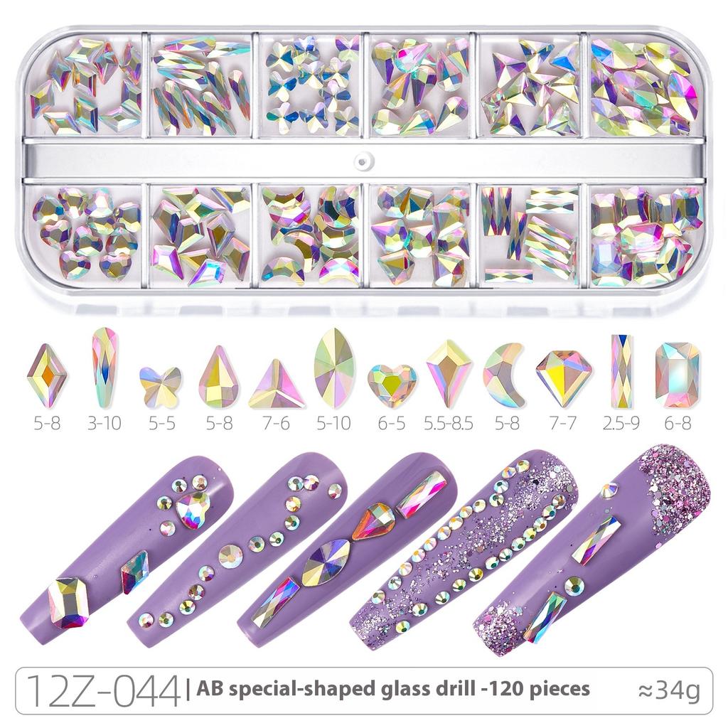 Broca para Nail Art 12 Compartimentos Strass Fundo Plano Broca Formato Especial Unha Vidro AB Aurora Transparente Broca Unha Conjunto de Joias para Nail Art