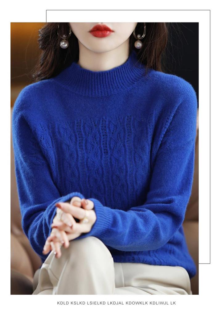 Women's 100% Pure Wool Hollowed Cable Knit Sweater, Half-High Neck, Drop Shoulder Pullover, Casual Versatile Knitwear