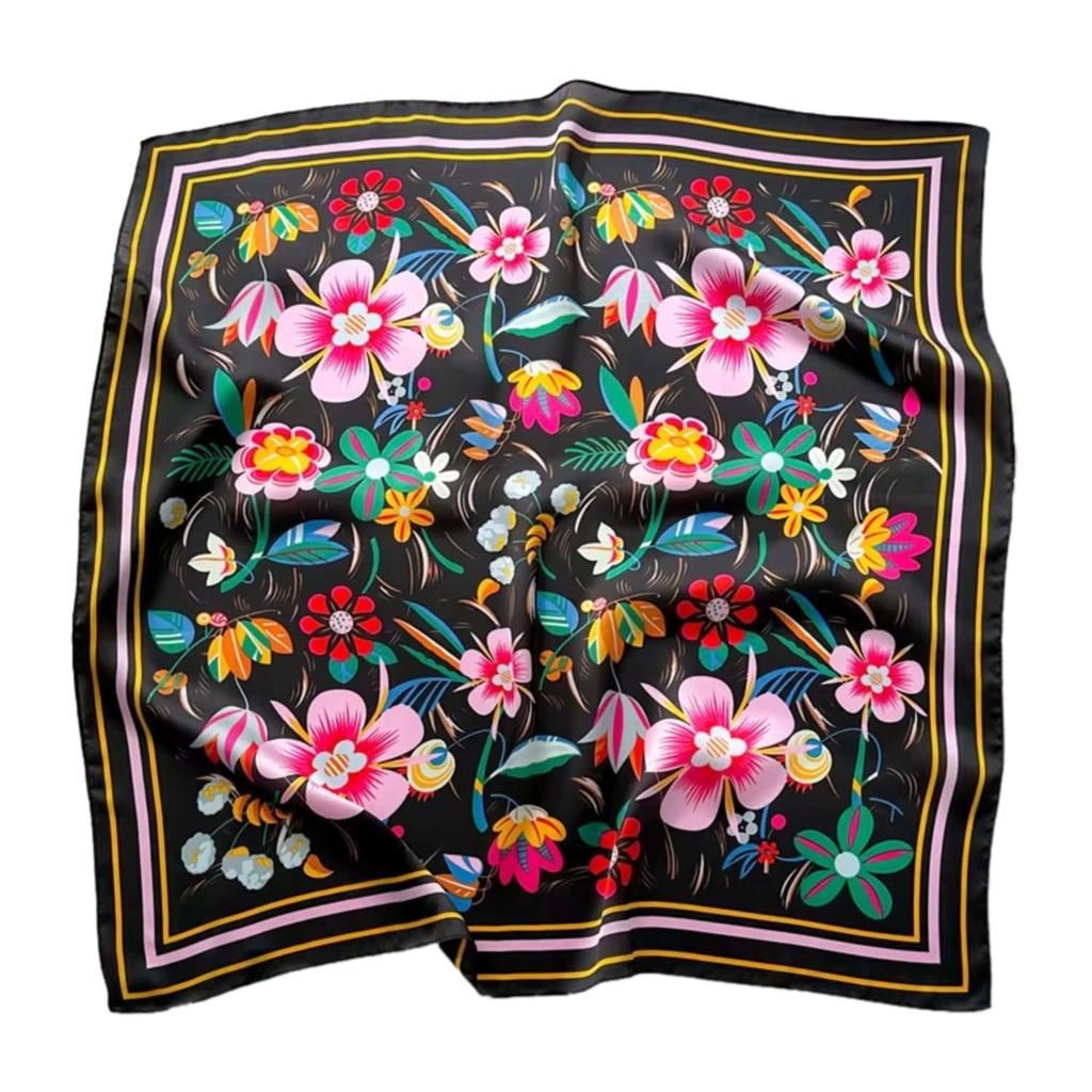 Satin Scarf 70X70 - Flowers on a Black Background