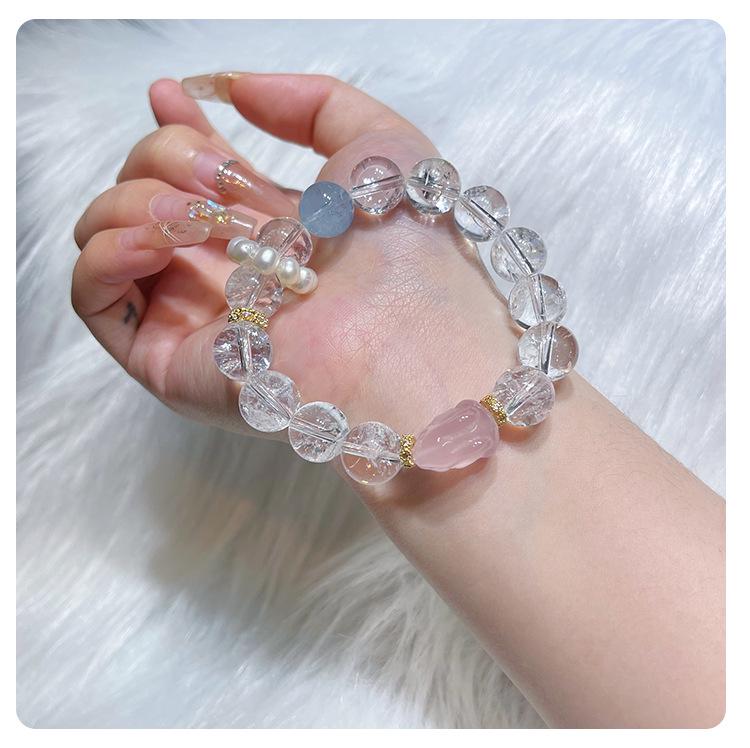 Qiaoen Aquamarine & Rose Quartz White Aze Large Bead Women's Bracelet