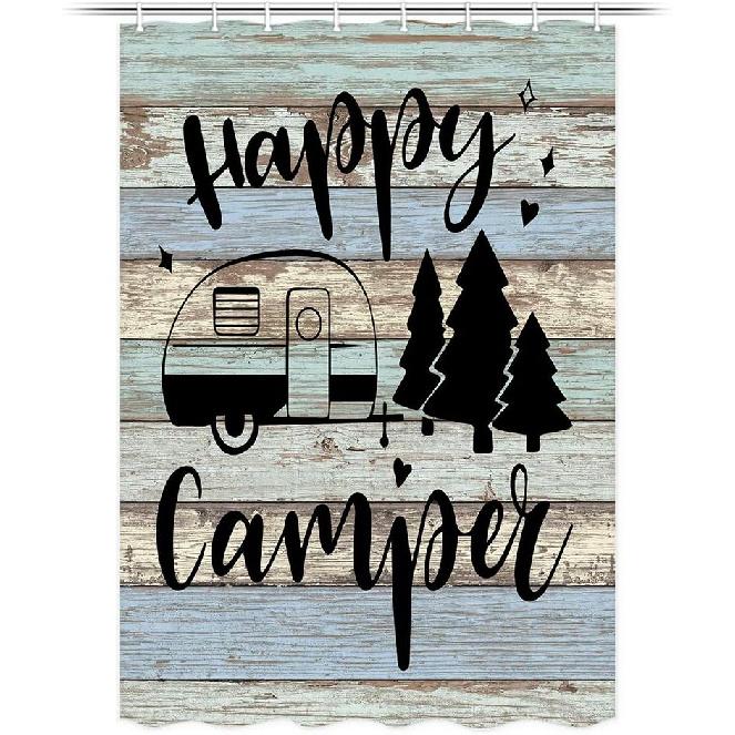 Camper RV Travel Trailers Shower Curtain, Farmhouse Camping Shorter and Narrow Fabric Shower Curtains, Rustic Camp Bathroom Curtain Liner with Hooks