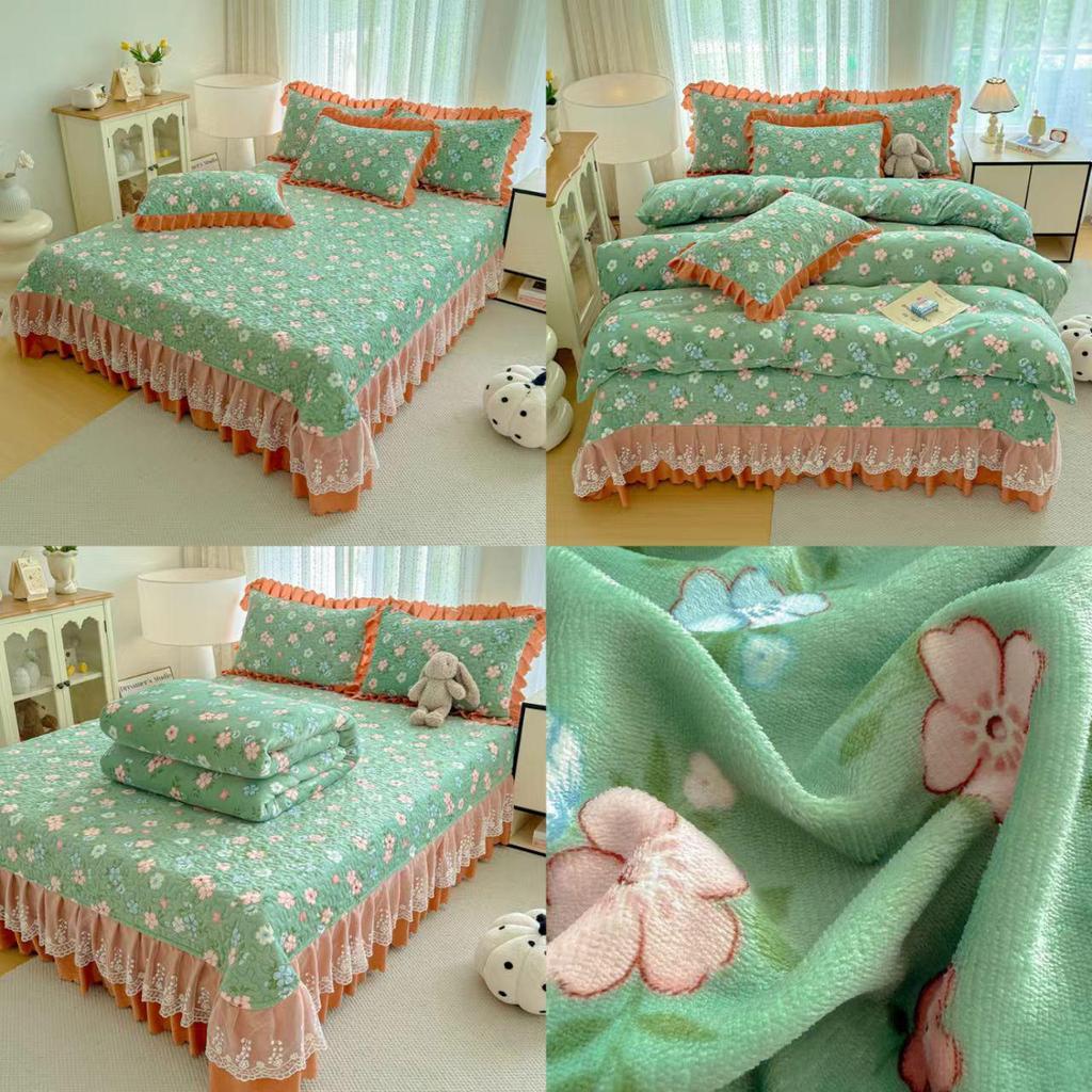 Thickened Quilted Velvet Bedspread Set with Lace Pillowcase and Static-Free Warm Temperature Control