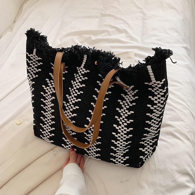 Women Grocery Tote Bag Fringe Large Capacity Canvas Handbag Beach Reusable Shop Bag Contrasting Color Travel Shoulder Bag