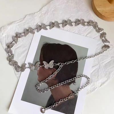Fashionable Silvery Butterfly Belts for Woman 110cm Smooth Metal Chain Belts Summer Dress Belts