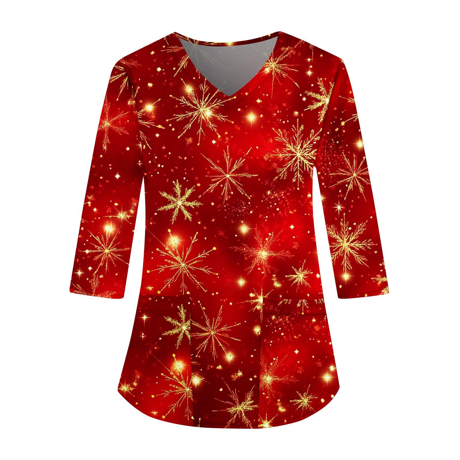 

Женский свободный рабочий топ с V-образным вырезом и карманом, рождественским принтом и рукавом три четверти L красный