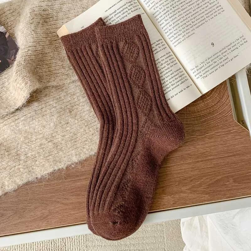 

3Pairs Winter Cashmere Wool Socks Women s Winter Diamond Thicken Warm Black White Pack Set Thermal Japanese Fashion Solid Color кофейный