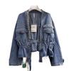 Women's Spring/Fall Beaded Denim Jacket - Korean Loose Fit, Waist-Cinched Style