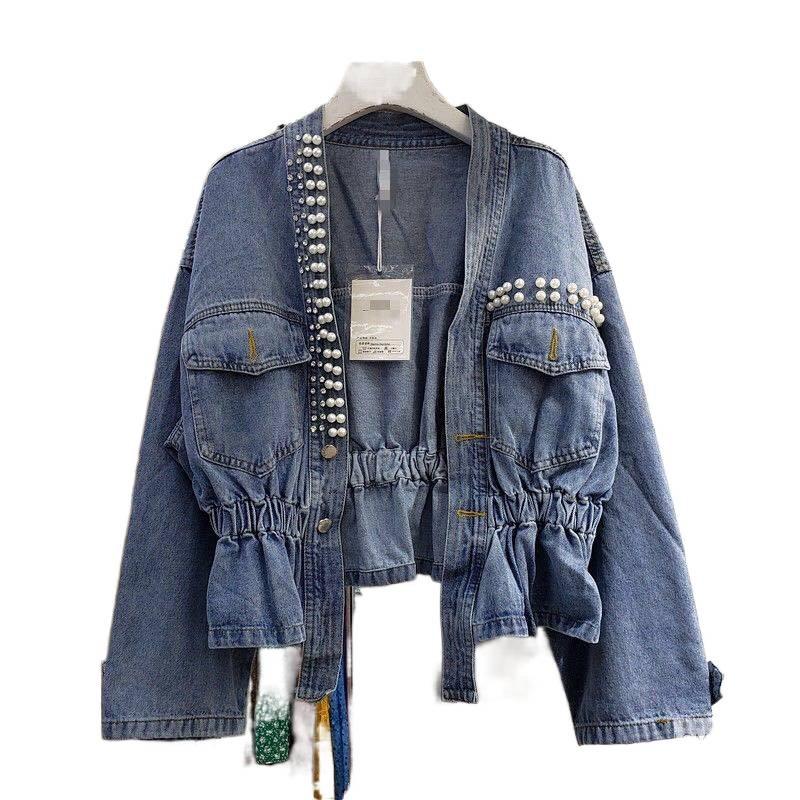 Women's Spring/Fall Beaded Denim Jacket - Korean Loose Fit, Waist-Cinched Style