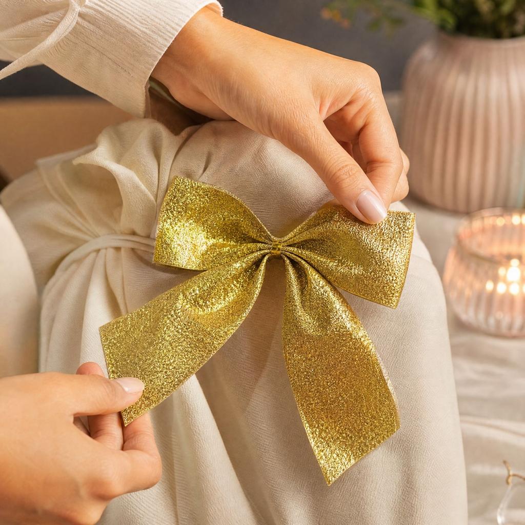 9 Pack Christmas Decorative Glitter Bows for Holiday Tree Ornaments and Gift Wrapping