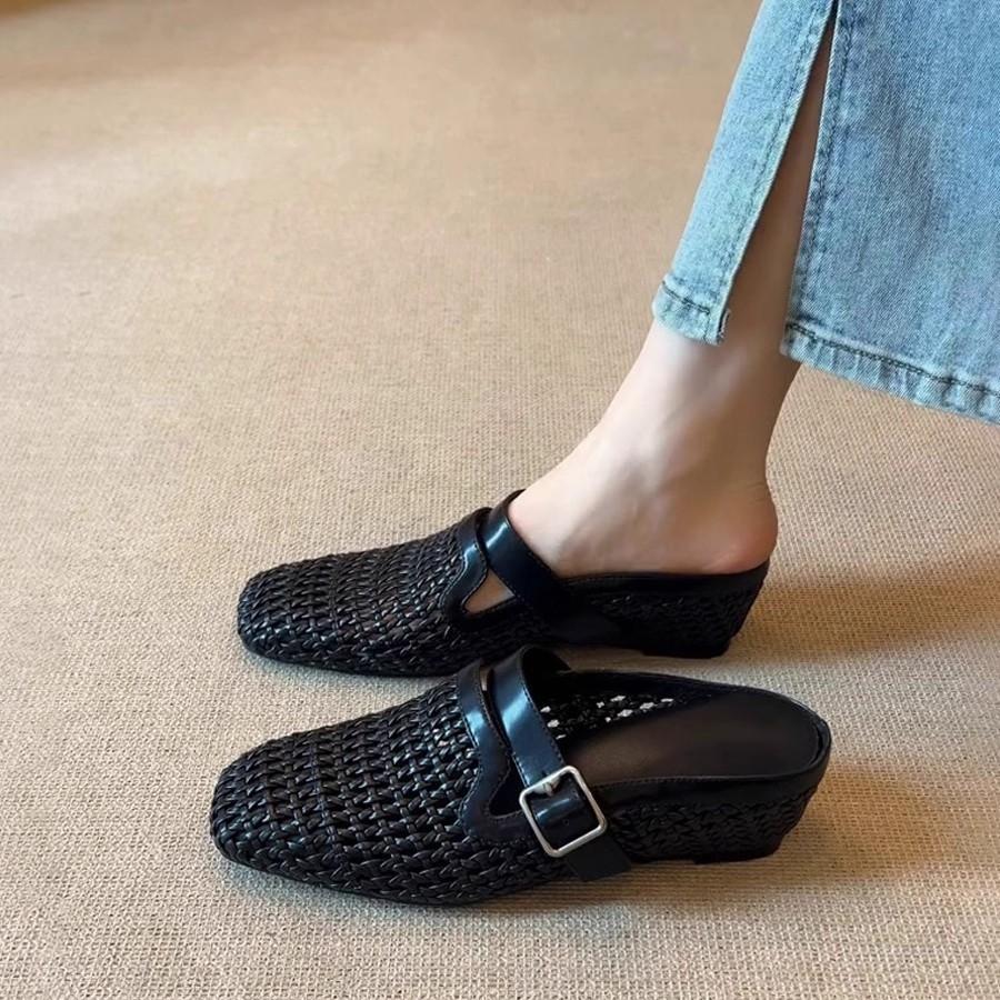 Sheepskin version~ French woven holiday slope heel bag head cool slippers women wear one pedal belt buckle muller shoes