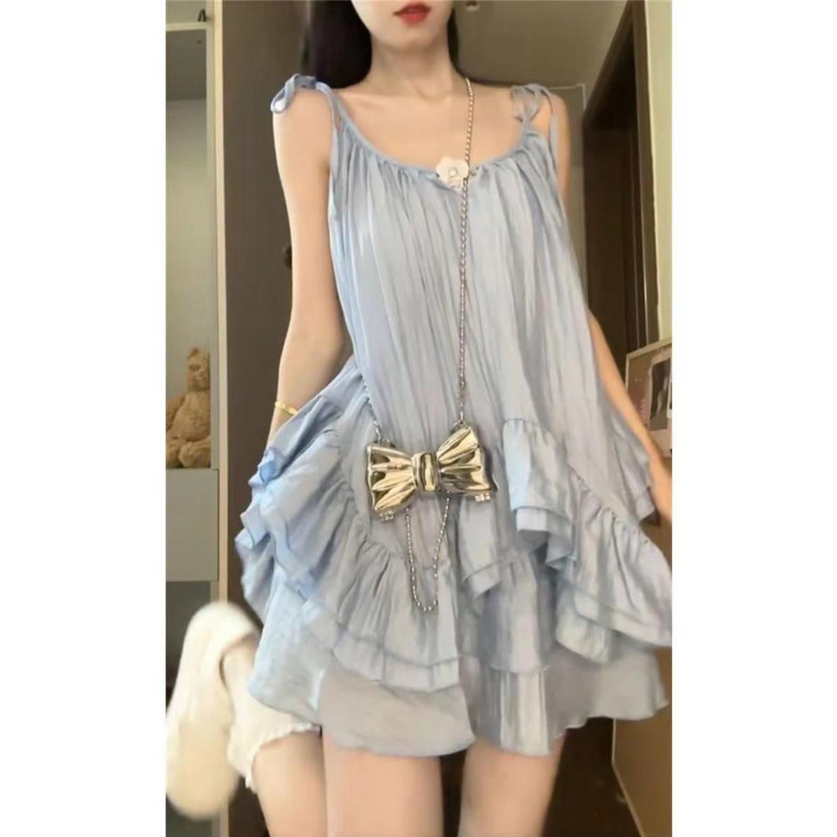 

Элегантные многослойные короткие платья для женщин, плиссированные платья с высоким воротником и расклешенными рукавами, весенние вечерние платья для женщин XS синий