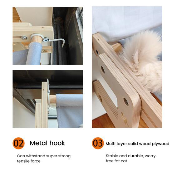 Cat Hammock Window Perch Adjustable Cat Bed with Wood Frame No Drilling Pet Hammock for Bedside Windowsill Indoor Cats
