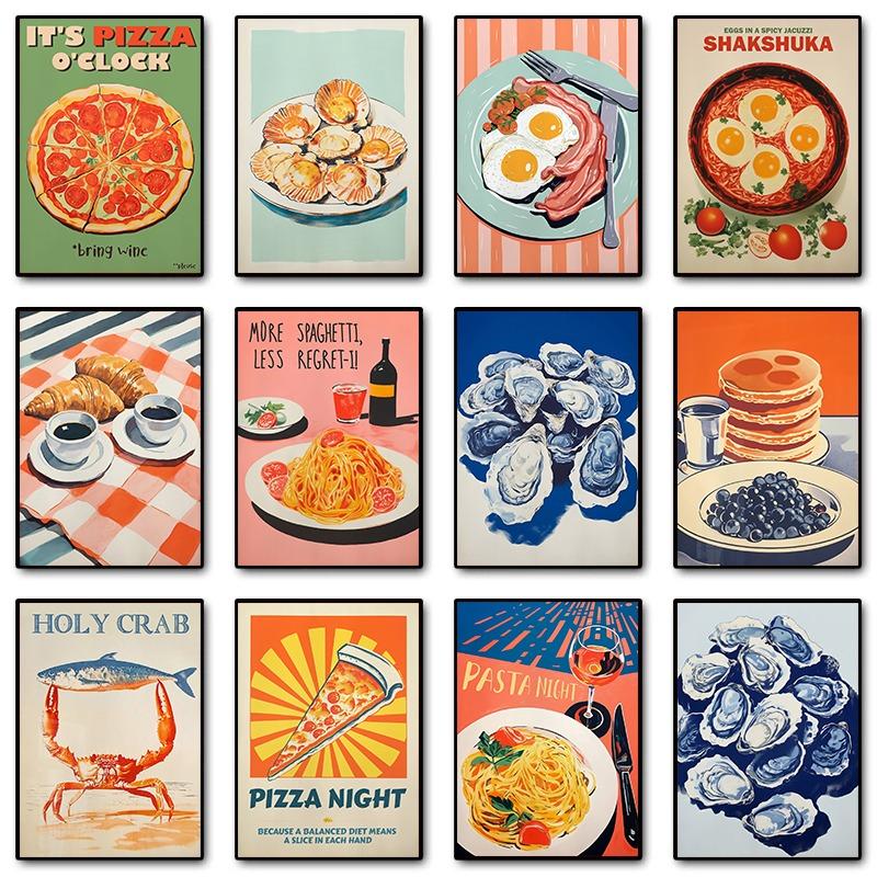 

Vintage Food Poster Eggs Bacon Spaghetti Pancakes Seafood Cheese Canvas Painting Wall Art Picture Kitchen Restaurant Home Decor 21cm×30cm NoFrame