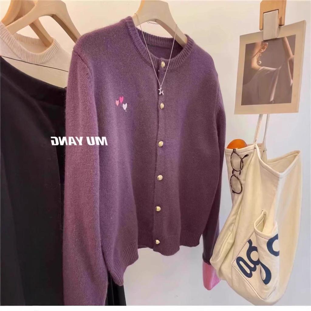 Autumn/Winter Wool Knit Cardigan: Stylish Patchwork Heart Embroidery