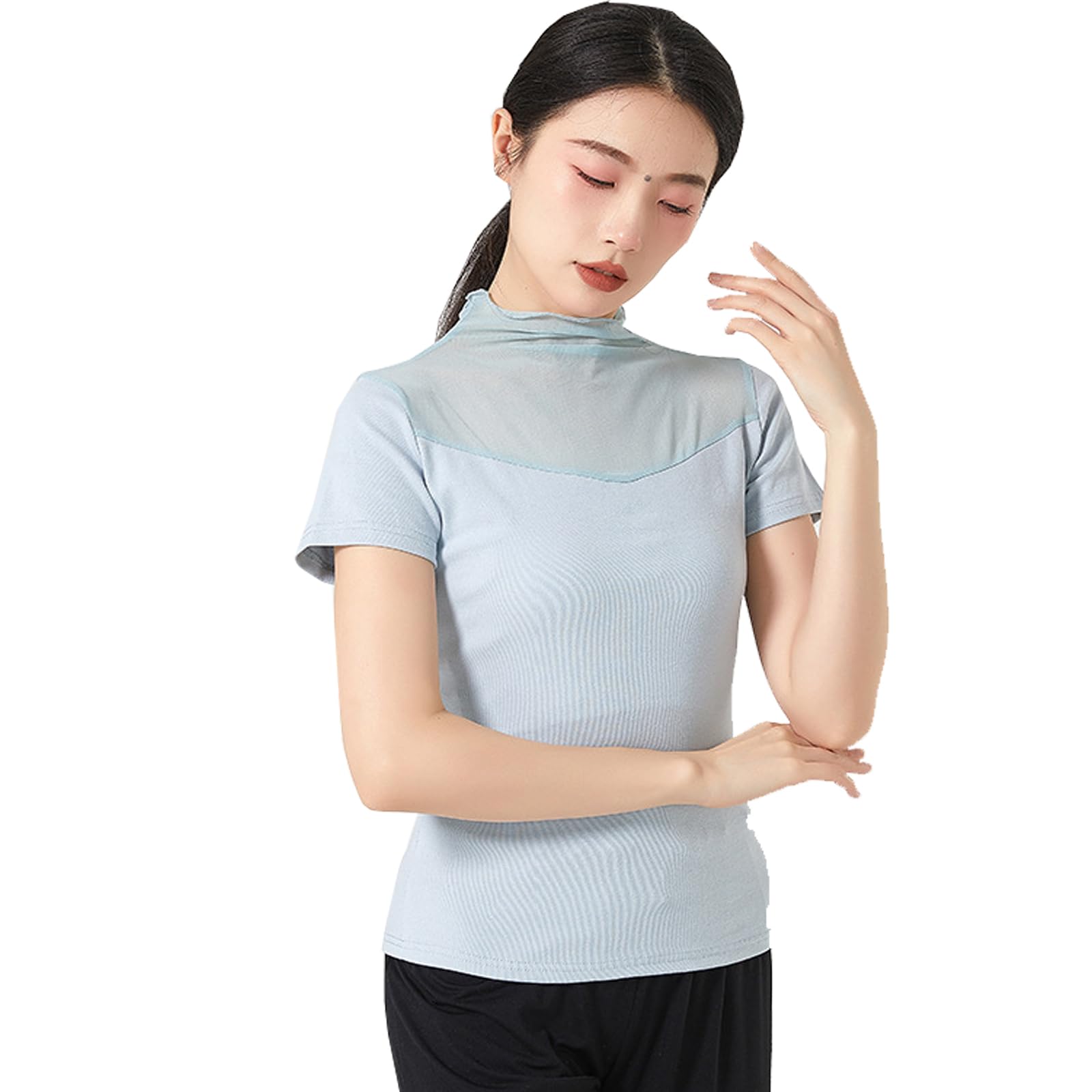 

Топ для балета с коротким рукавом, сетчатый воротник, прозрачная блузка, топ с высоким воротником, одежда для практики, сексуальный эластичный, классический танец, лето, бальные танцы, танцы синий