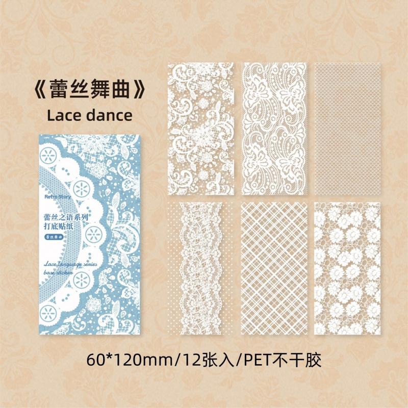 12 Sheets White Ink Lace PET Stickers, Vintage Transparent Decor, Journal DIY Waterproof Collage Material