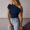Women T-shirt Soft Stretchy Regular Fit Sloping Shoulder Short Sleeve Pullover Tops with Metal Design Party Vacation Casual Wear