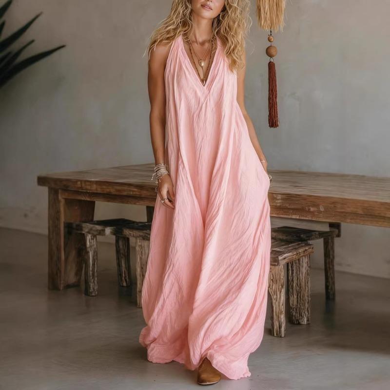Womens Casual Solid Color Halter V Neck Sleeveless Maxi Dress