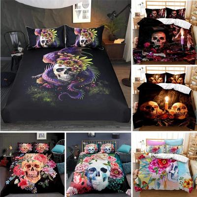 3D-Bettwäscheset mit Zuckerschädel-Motiv, Doppelbettgröße, Blumendruck, schwarzes Mikrofaser-Polyester-Bettwäscheset
