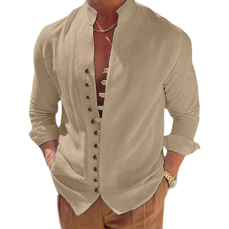 Solid color men's casual long sleeved shirt retro cotton linen loose long sleeved stand up collar cardigan men's shirt