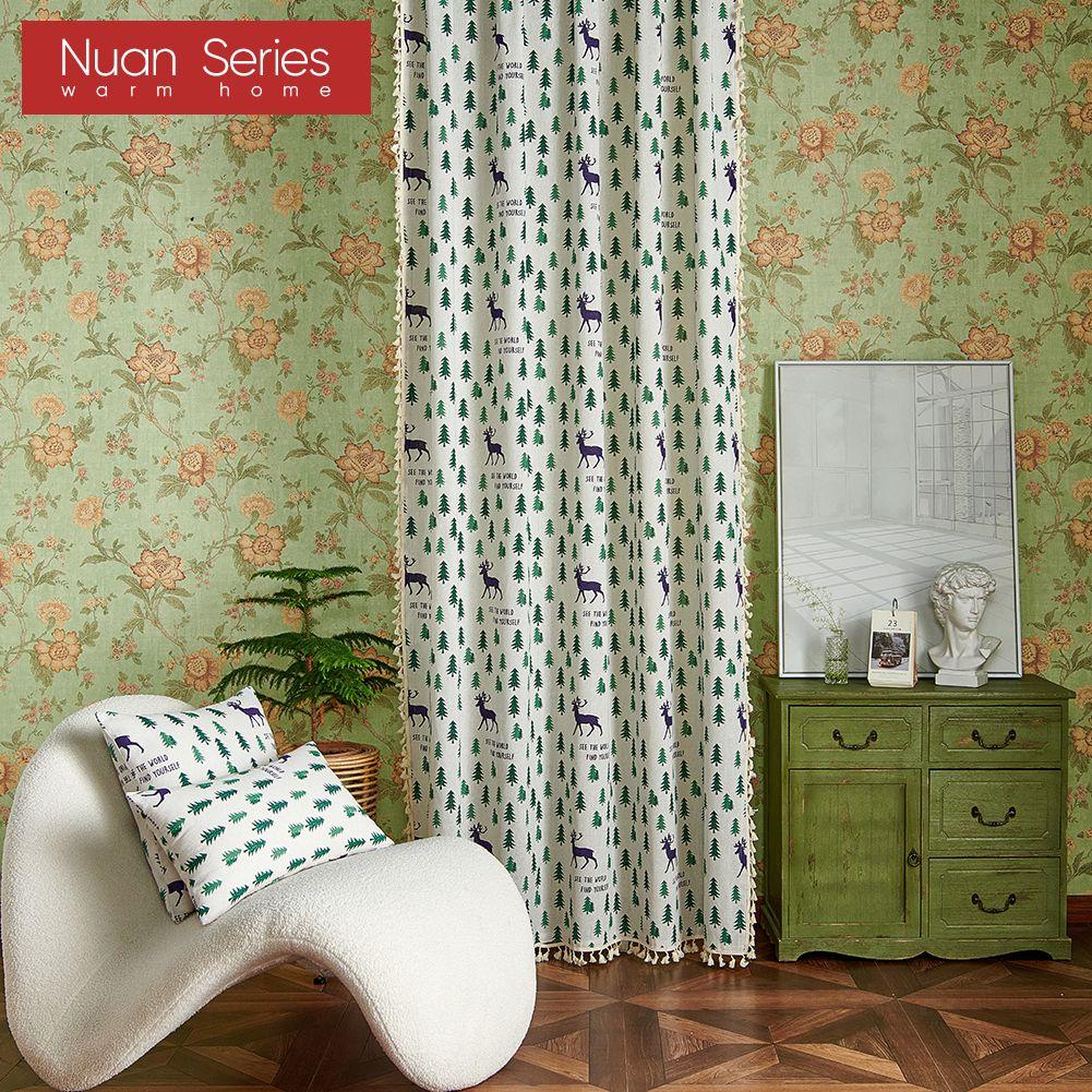 1PC Nuan Series Festival Decorative Curtain Christmas Elk Pattern Cotton Linen Printed Curtains With Tassel For Windows Balcony Home Decor
