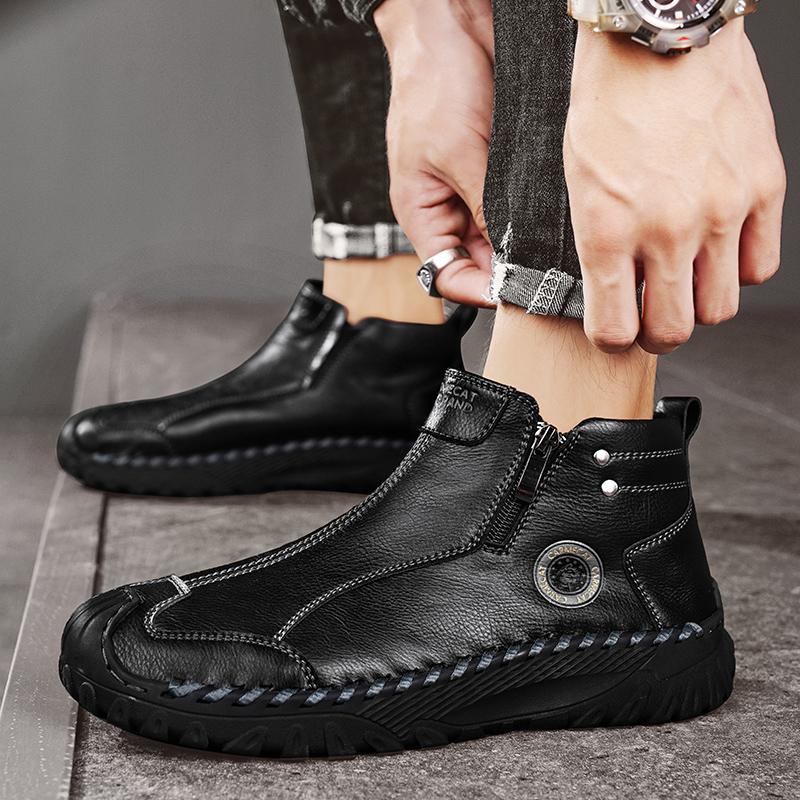 Fashion Natural Cow Leather Men Boots Handmade Retro Genuine Leather Winter Shoes Anti-slip Wear-resistant Comfortable Soft-soled Outdoo