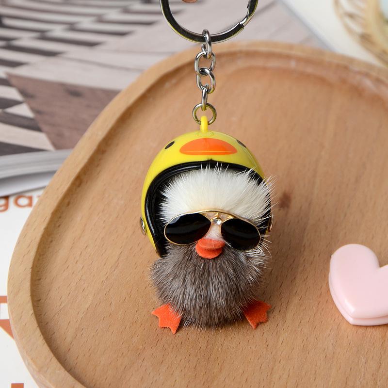 Cute Woman , A Cool Duck with Helmet and Eyes Mink Hair Little Duck Plush Bag Pendant Car Bag Charm