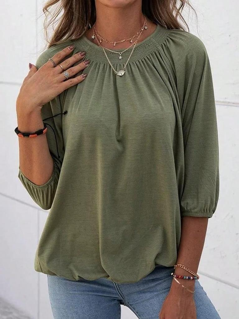 Women's Cotton Crew Neck T-Shirt Half Sleeve Loose Pleated Basic Blouse Top