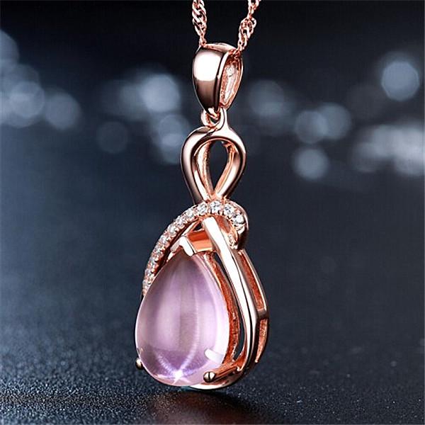 Korean Style Rose Quartz & Rhodonite Women's Clavicle Necklace with Silver & Rose Gold Pendant