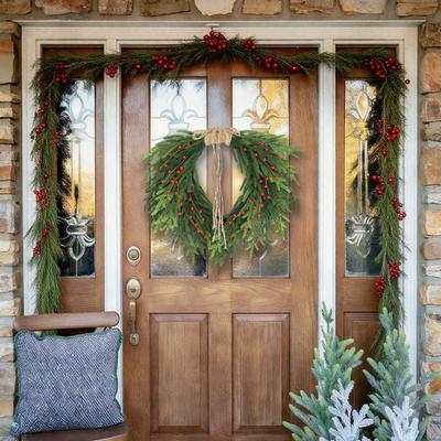 Real Touch Christmas Wreath Red Berries Jute Bow Soft Pine Garland Indoor Outdoor Holiday Party Decor
