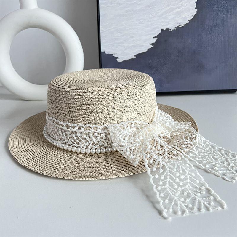 100.00kg Plus Size Women's Big Brim Grass Bows Hand-Woven Seaside Beach Hat Sun-Proof Face Cover Sun-Shade Straw Hat