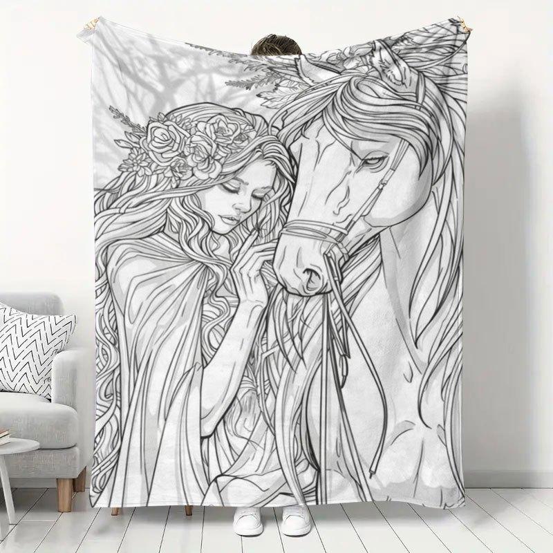1pc Nordic Style Elf And Horse Print Flannel Blanket, Home Bedroom Sofa Cover, Office Nap Shawl, All-Season Soft Warm Blanket, Durable Non-Shedding Ea