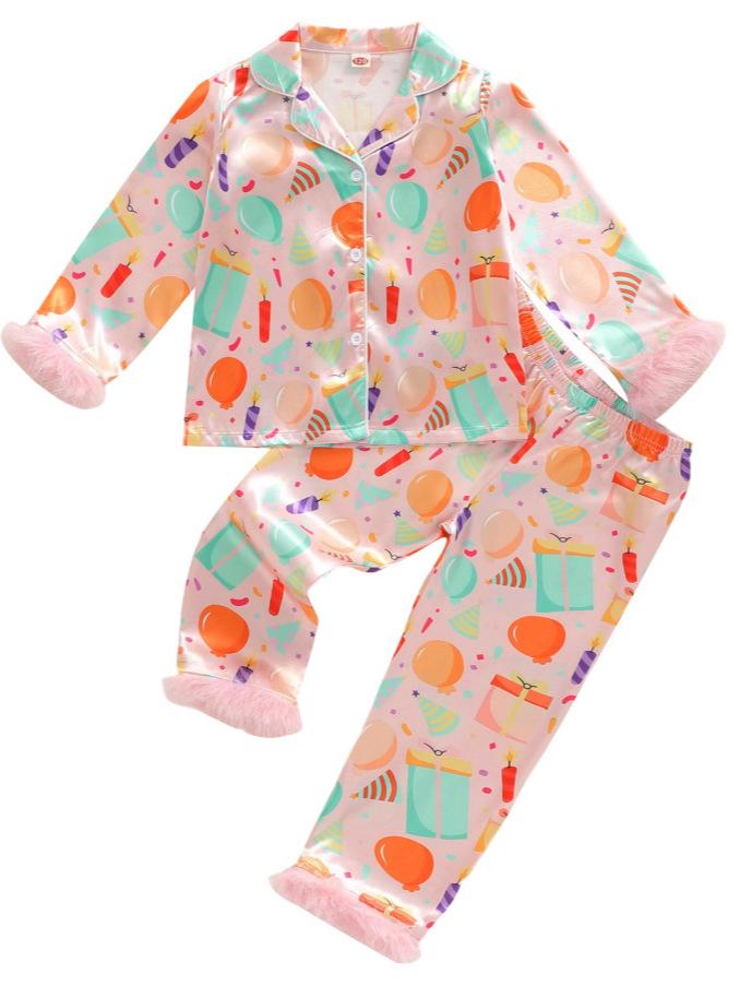 Silk Satin Long Sleeve Fuzzy Pajama Set for Girls - Autumn Casual Wear