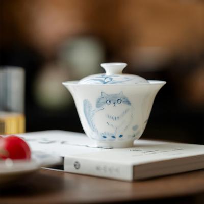 Hand Painted Cute Cat Jade Porcelain Gaiwan Set For Tea Chinese White Tureen Tea Bowl Kung Fu Tea Chawan Tea Cups Lily Deng