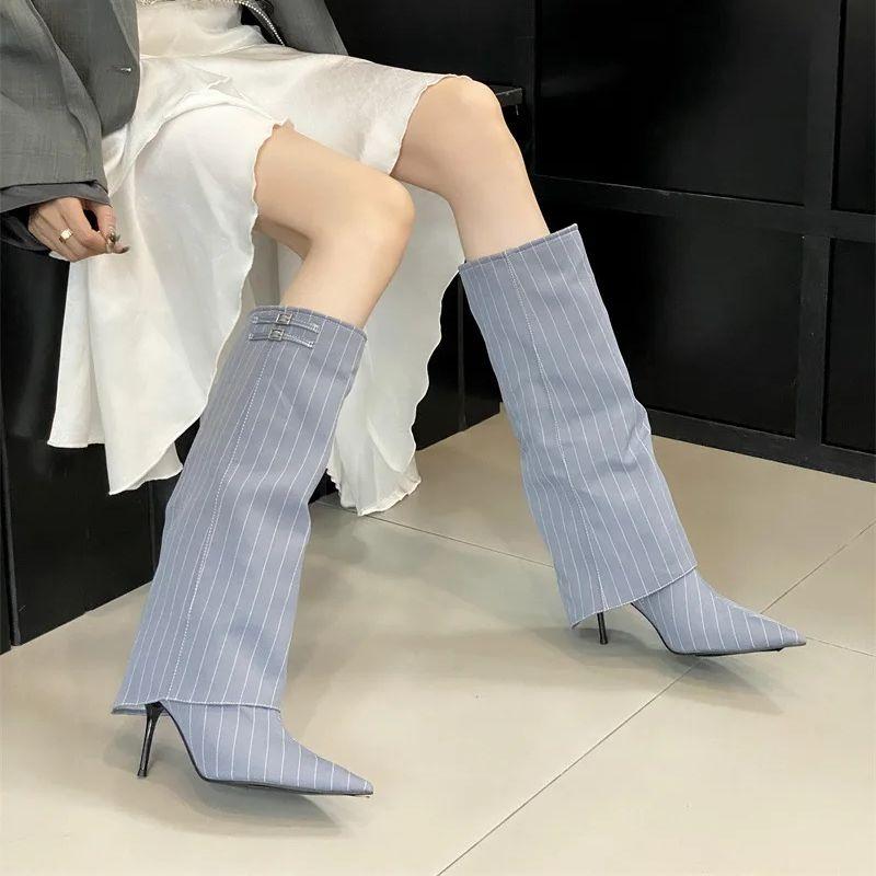 Fashion IPPEUM Women Knee High Boots Thin Heel Denim Point Toe Winter Retro Shoes Botas Mujer