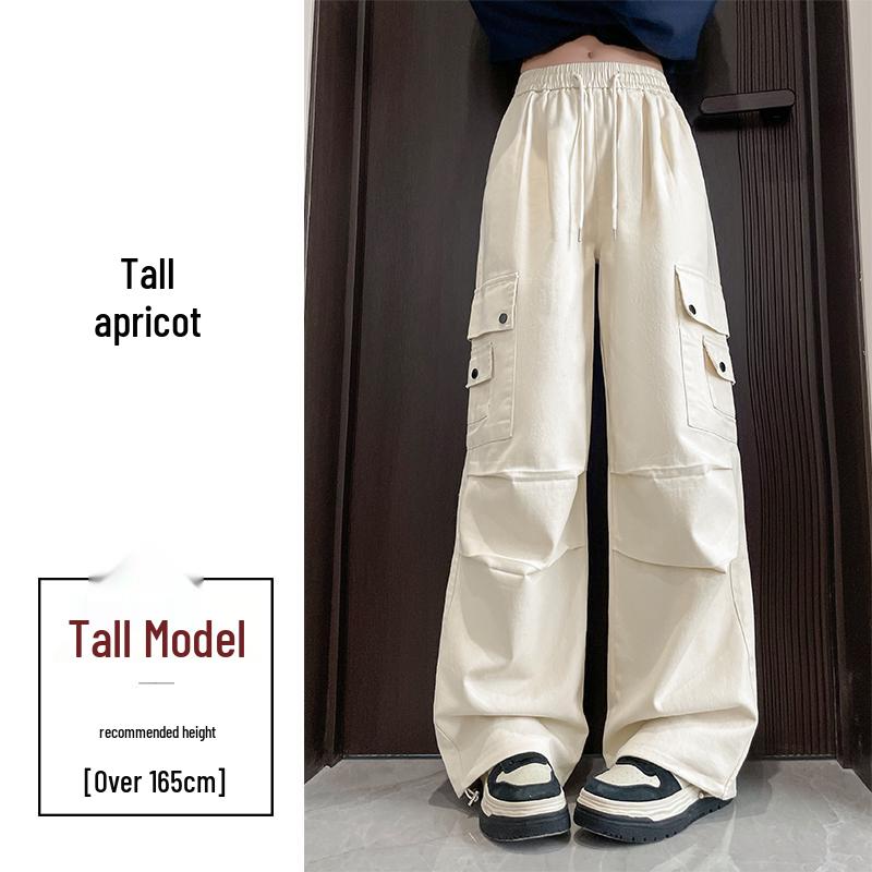 Damen High-Waist Retro Washed Baumwolle Cargohose, Lockeres Gerades Bein, Bodenlang, Aufgeschlagener Weiter Beinabschluss, Frühling Schlankmachender Stil.