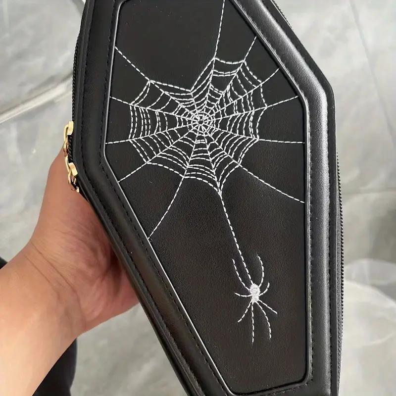 WTEMPO Halloween Zipper PU Bags Gothic Coffin Shaped Crossbody Bags Halloween Spider/Spider Web Pattern Large Purses Vintage Single Shoulder Gift Bags